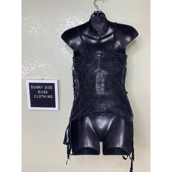 Seduction Black Lace Sheer Lingerie Tank Top Lace Up Metal Detail Size M/L - Picture 8 of 12